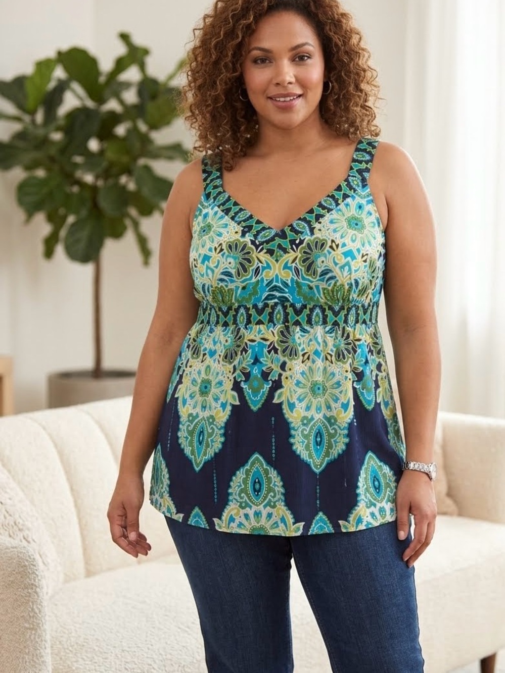 V-Neck Printed Tank Top in Teal and Navy - Women’s plus